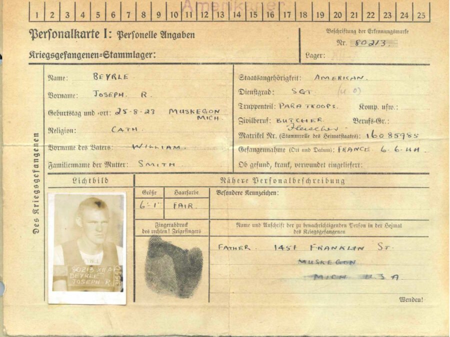 German prisoner-of-war identification card of Joseph R. Beyrle, Stalag XII-A, July 1944