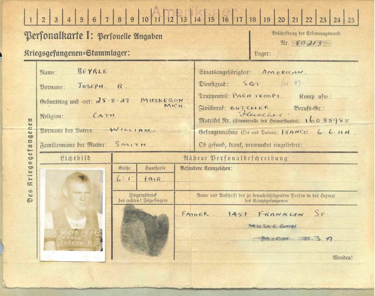 German prisoner-of-war identification card of Joseph R. Beyrle, Stalag XII-A, July 1944