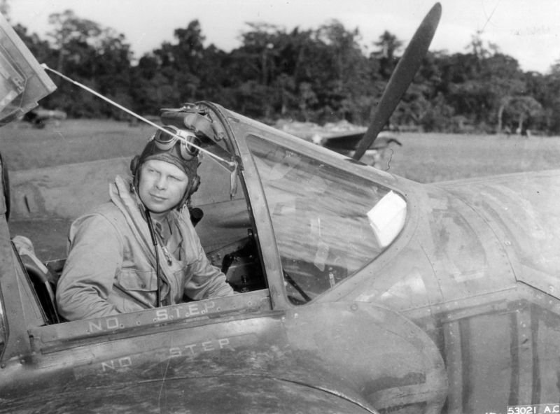 Dick Bong in the cockpit of his P-38 Lightning