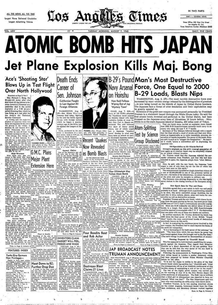 Front page of the Los Angeles Times, 7 August 1945, with the atomic bomb and Bong’s death