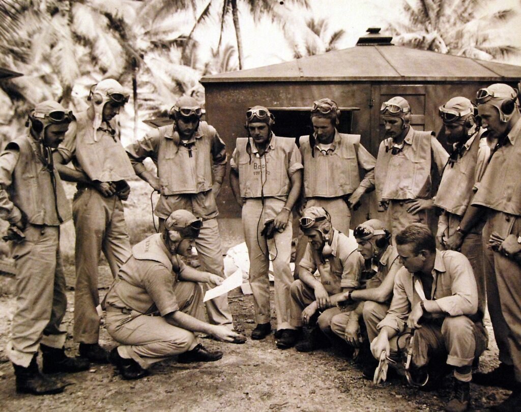 Pilots of Marine Fighting Squadron 214, the Black Sheep, at Turtle Bay, Espiritu Santo
