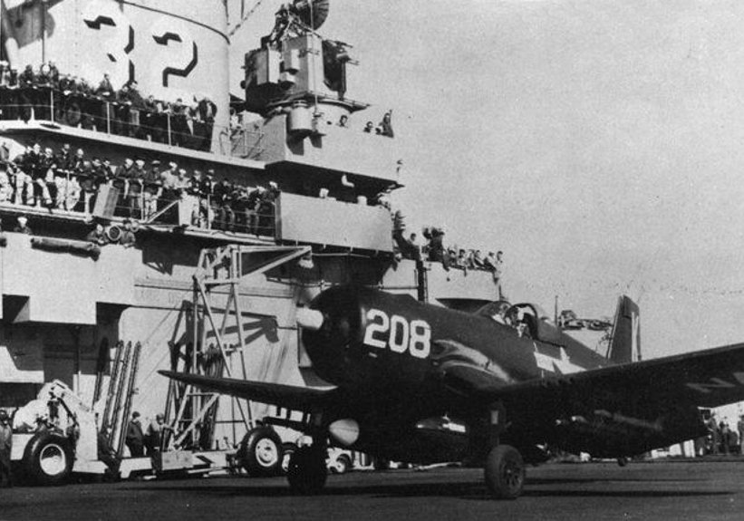 An F4U-4 Corsair of Fighter Squadron 32 about to launch from USS Leyte, about 1950