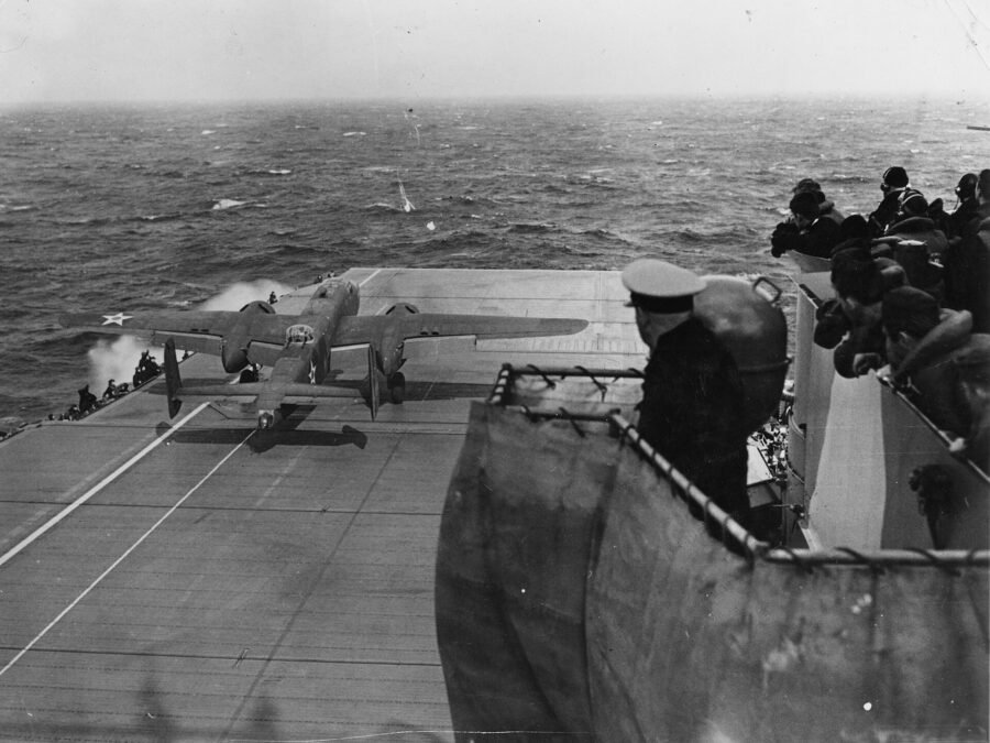 Jimmy Doolittle’s B-25 bomber takes off from the deck of USS Hornet, 18 April 1942
