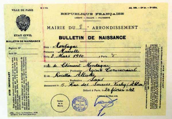 Forged French identity certificate in the name of Marcelle Montagne