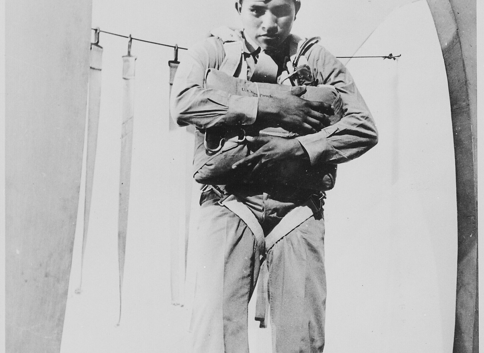 Private First Class Ira Hayes, aged 19, in parachute gear at the Marine Corps paratroop school, 1943
