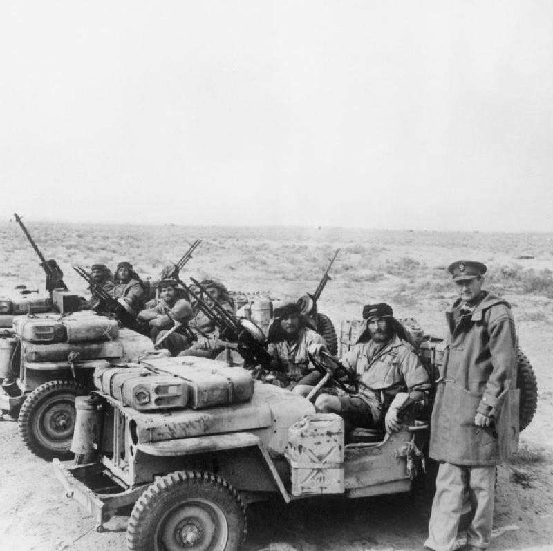 David Stirling, founder of the SAS, with a jeep patrol in North Africa, January 1943