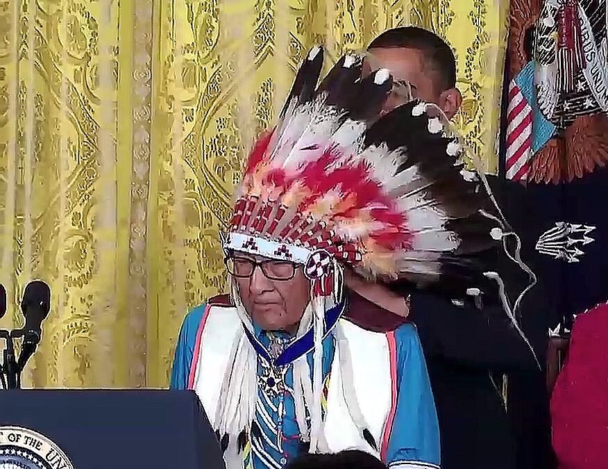 Joseph Medicine Crow with President Obama after receiving the Presidential Medal of Freedom, 12 August 2009