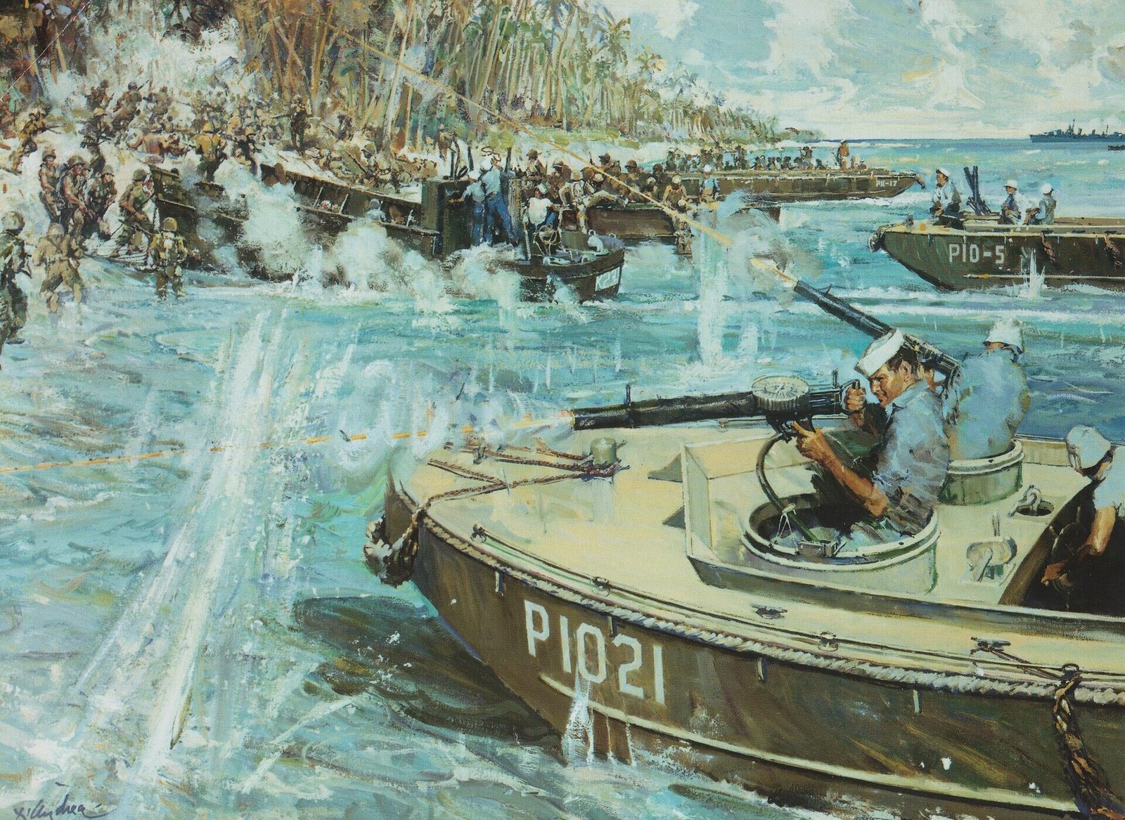 Painting of Coast Guard landing craft evacuating Marines under fire near Point Cruz, Guadalcanal