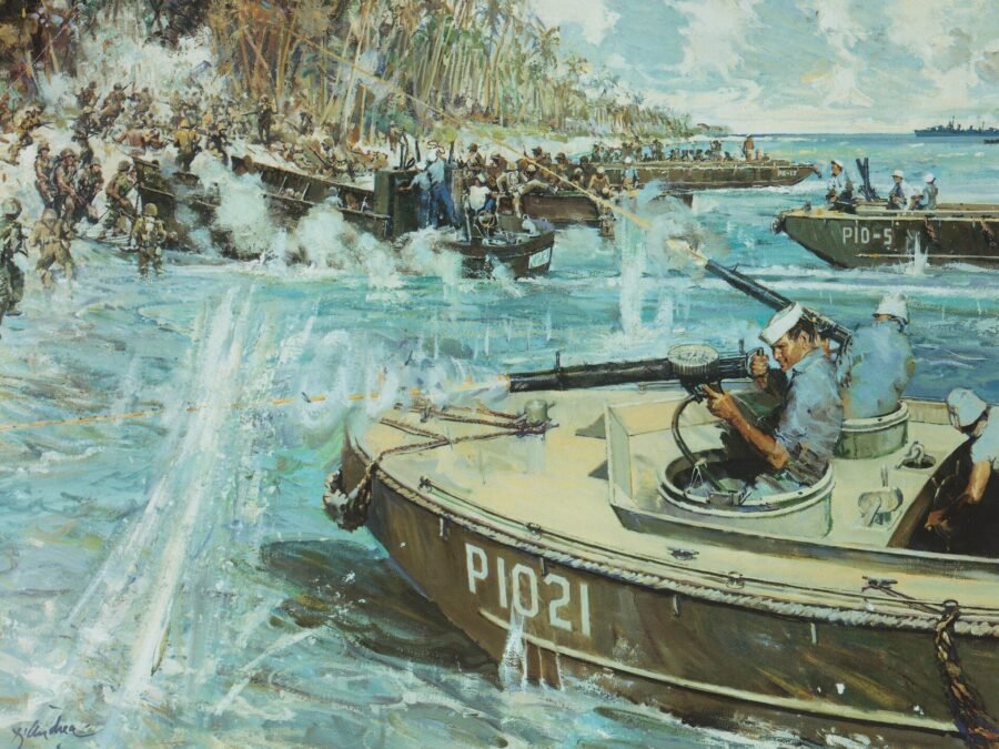 Painting of Coast Guard landing craft evacuating Marines under fire near Point Cruz, Guadalcanal