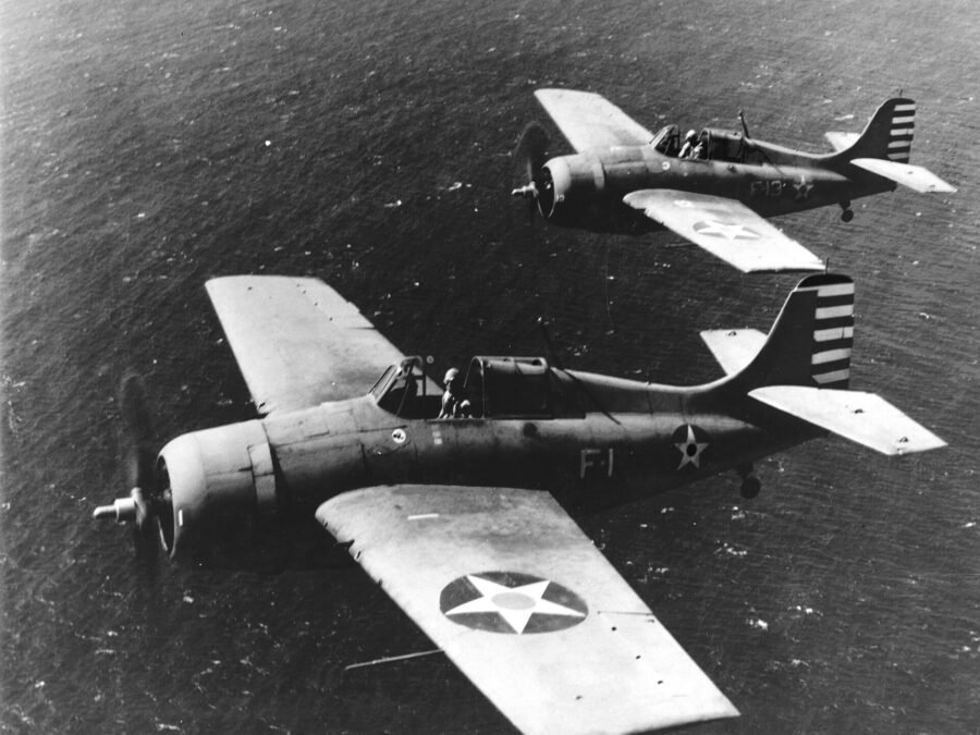 Two Grumman F4F-3 Wildcats of Fighting Squadron 3 in flight off Oahu, 10 April 1942