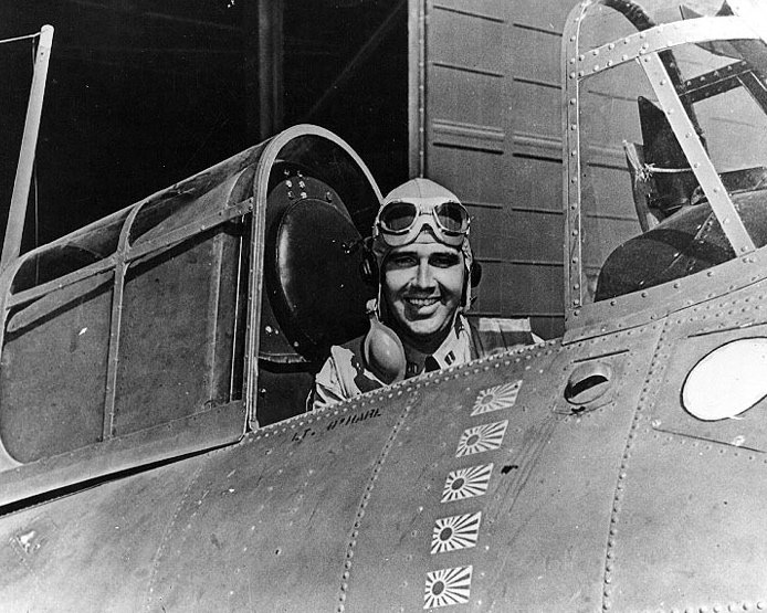 Lieutenant Butch O’Hare seated in the cockpit of his Grumman F4F Wildcat, spring 1942