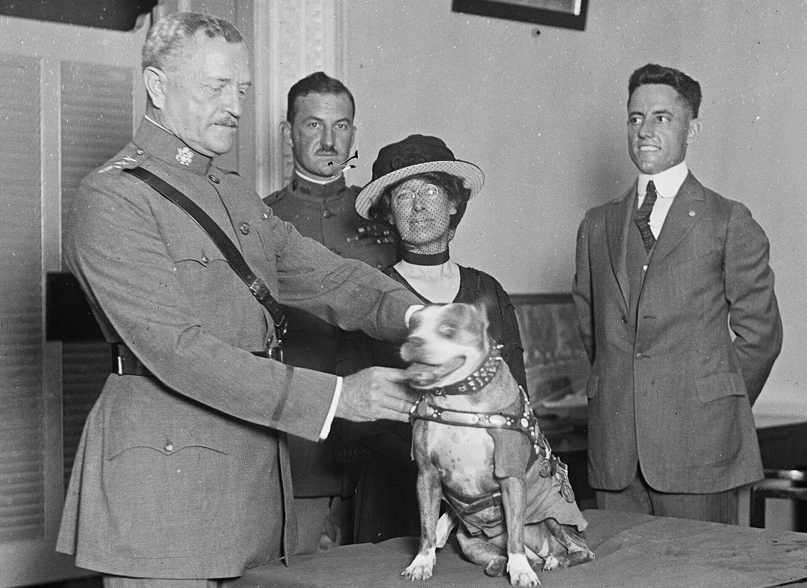 General John J. Pershing presents a medal to Stubby, with Robert Conroy behind them, 1921
